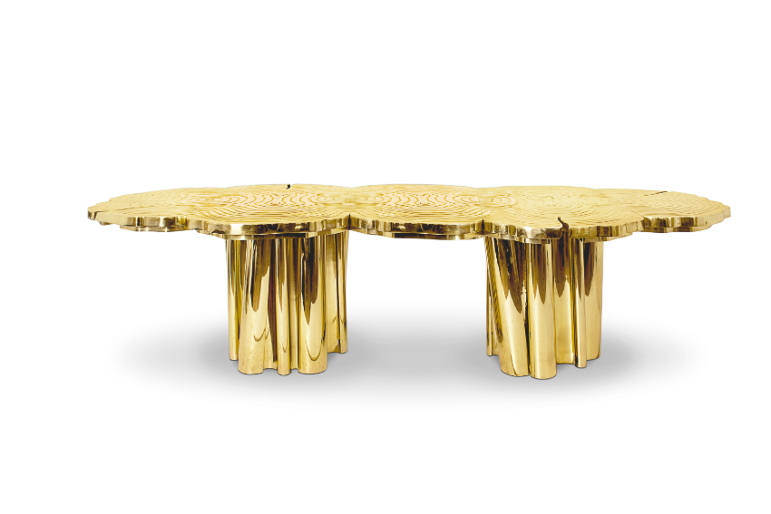 Fortuna is a contemporary dining table with one-of-a-kind design aesthetic, and an exclusive gold brass surface for ground-breaking dining rooms.