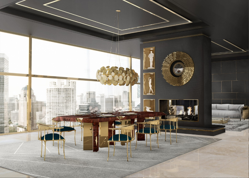 A modern dining room in wood and a modern dining chair with gold details and a chandelier gold.