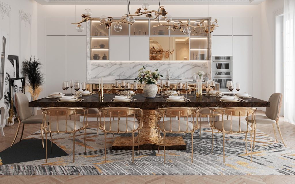 tables and chairs- luxurious dining room with a black table and gold base, gold chairs, decorative items, plants, carpet and a gold hanging lamp