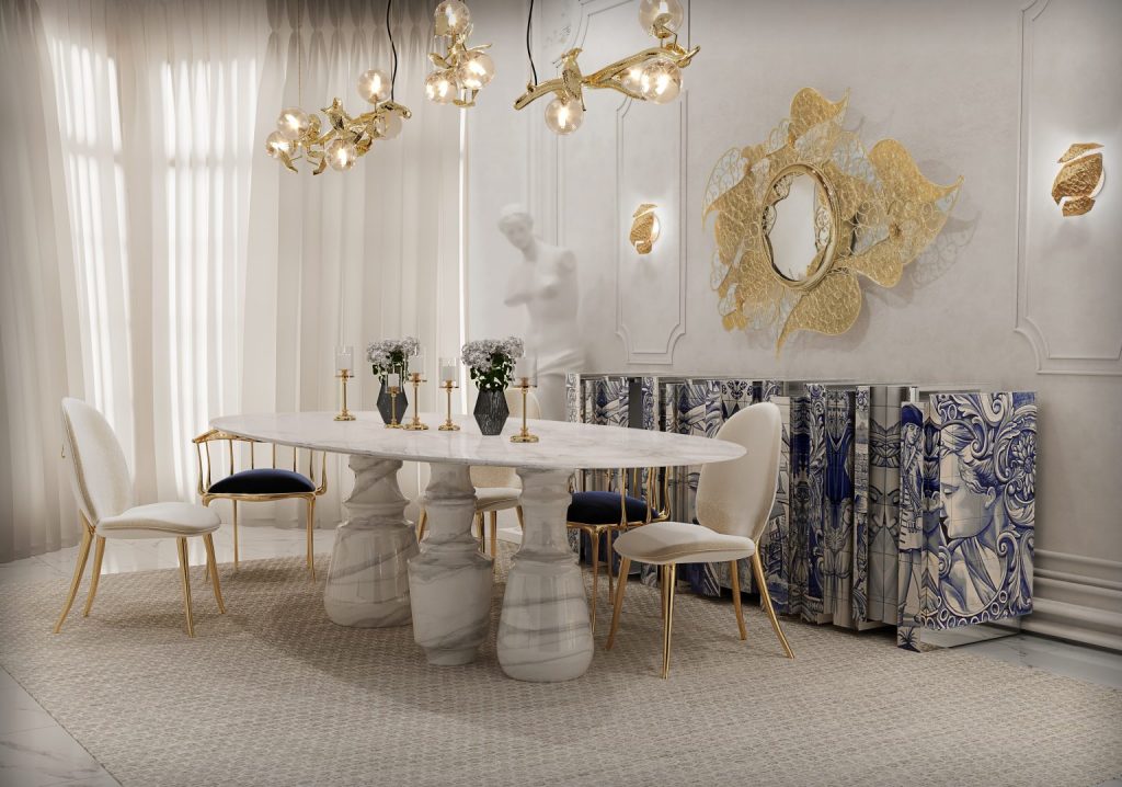 tables and chairs - contemporary dining room with a marble table, cream and blue chairs with gold details, plants, sideboard, gold mirror and a gold armchair