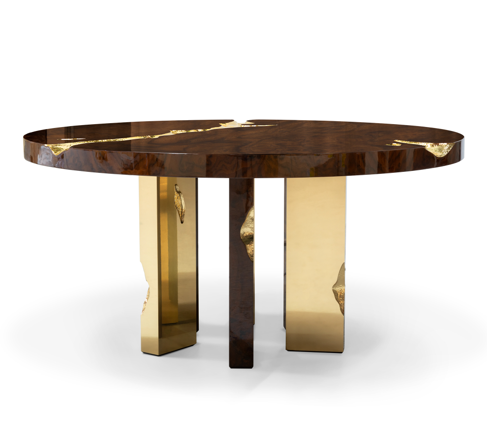luxury dining tables. brown round dining table with gold details